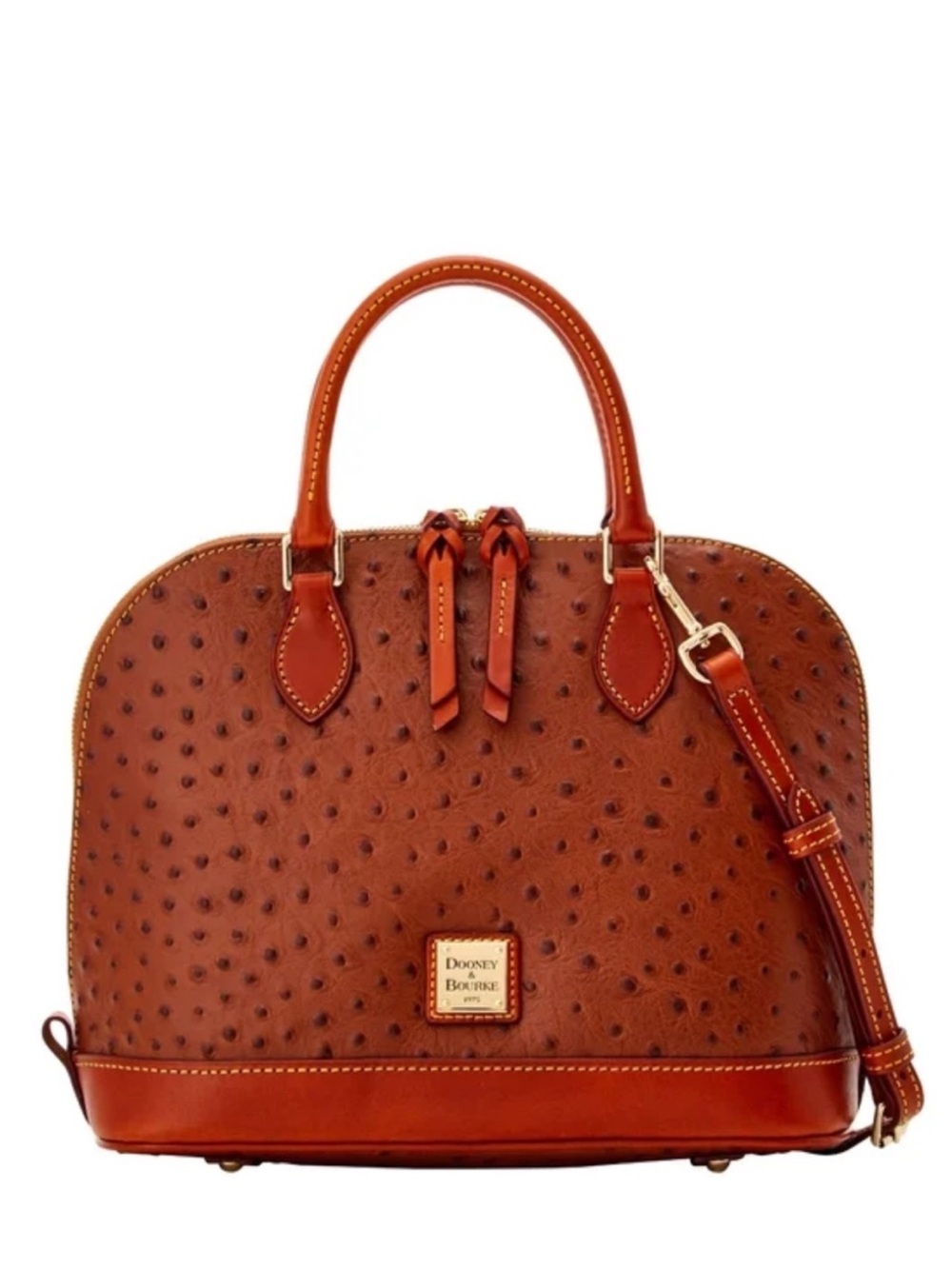 Dooney & Bourke brown ostrich leather zip zip satchel crossbody bag